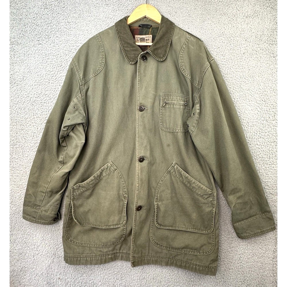LL Bean Original Field Coat Large Tall Green Canvas Flannel Lined Barn Jacket